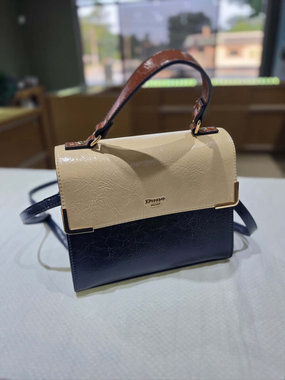 Dune London Tri-Tone Satchel in Navy, Cream & Brown Top Handle
